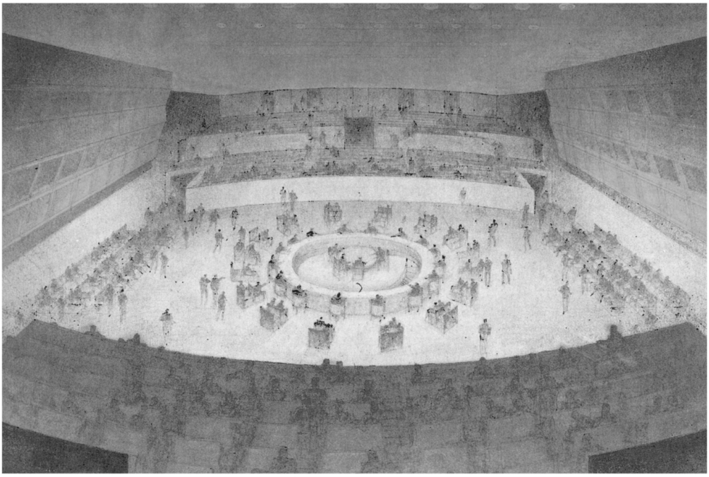 A drawing of the UN Security Council chamber.